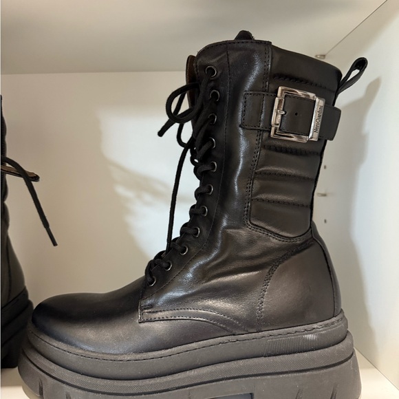 NeroGiardini Black Leather Mid-Calf Combat Boots  Made in Italy Size 38 - Picture 5 of 9